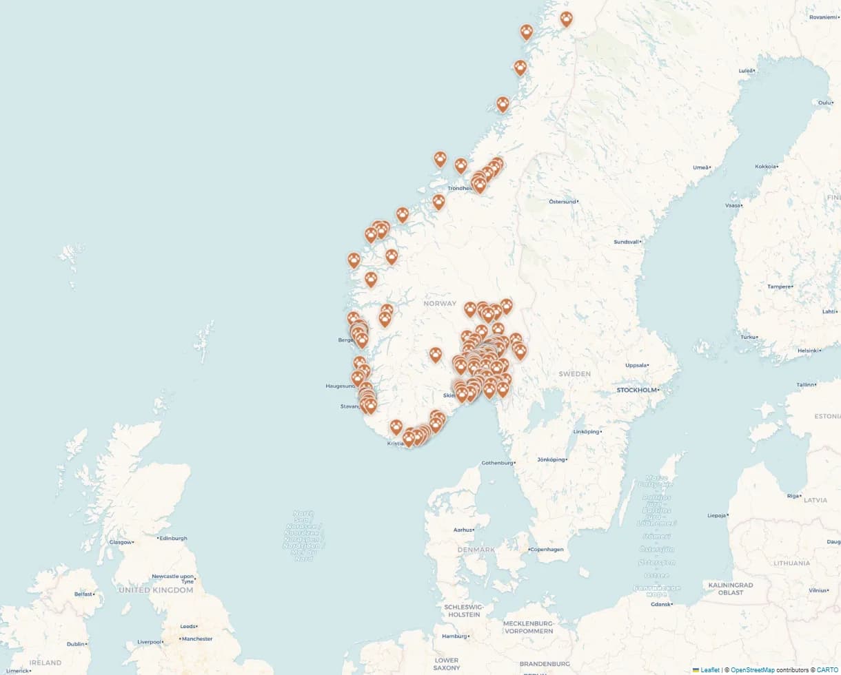 Kart over 206 hundefrisører i Norge